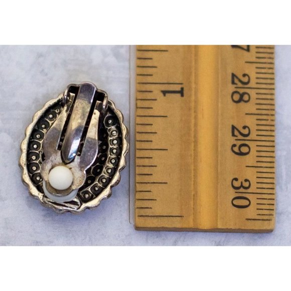 Vintage Silver Tone Black Oval Edwardian Clip On Earrings - CF1 - Picture 3 of 3